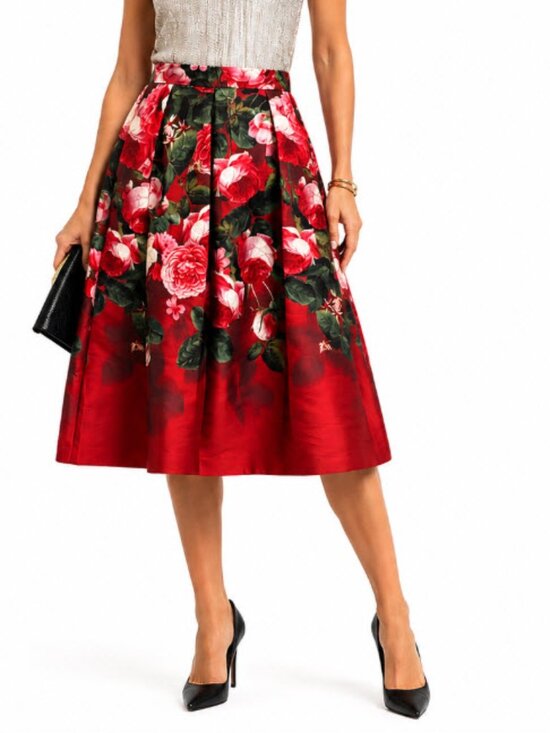 Talbots Dresses & Skirts - Talbots Floral A-Line Midi Skirt Red Pink Pleated Party Skirt 6